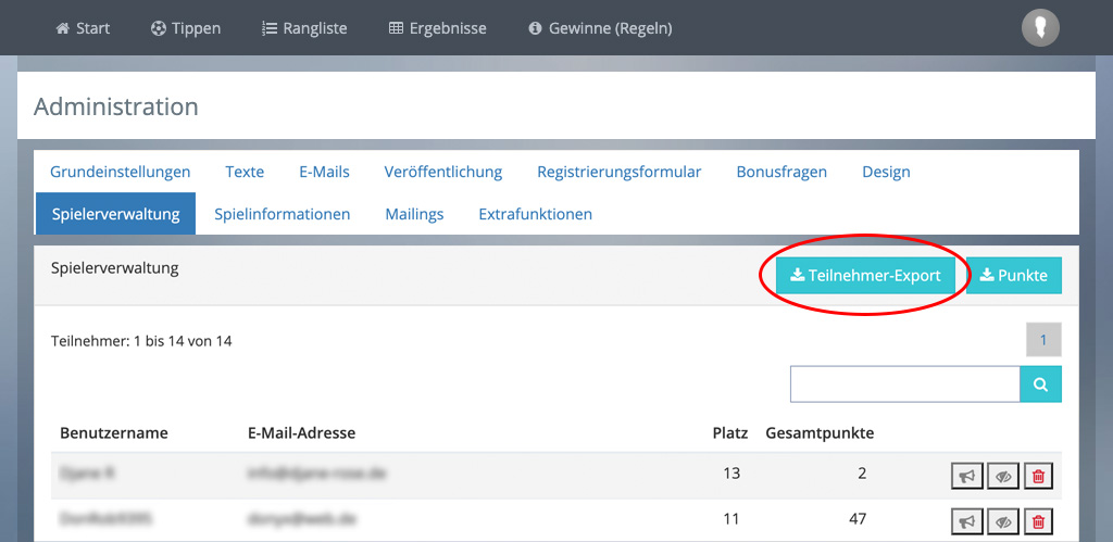 Bildschirmfoto Teilnehmer-Export