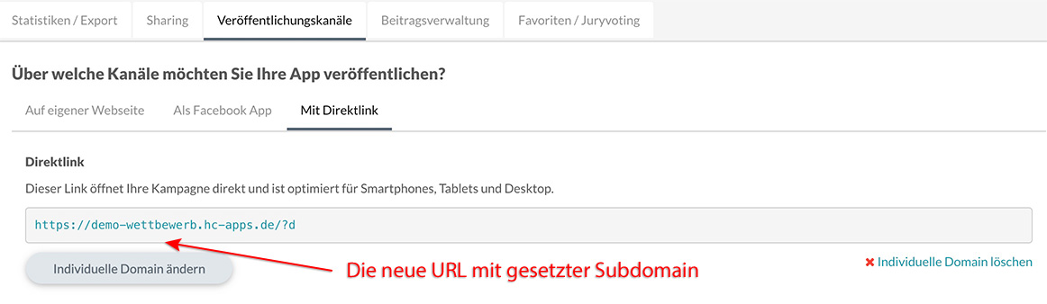 Veröffentlichen Subdomain hinterlegt